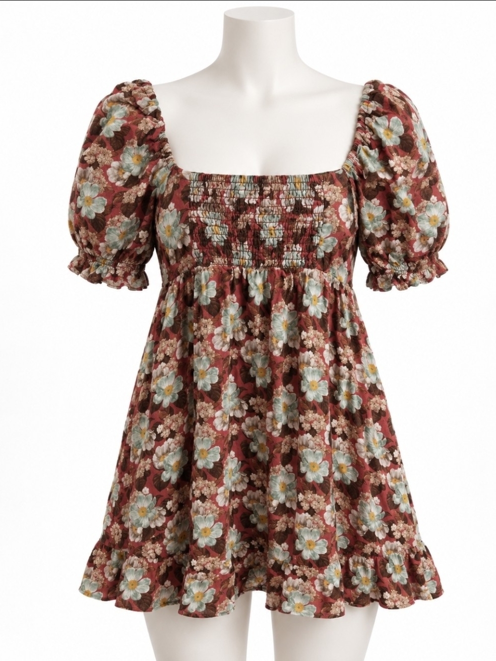 Wilfred Burgundy Floral  Square-Neck Mini Dress Cottage Core Boho